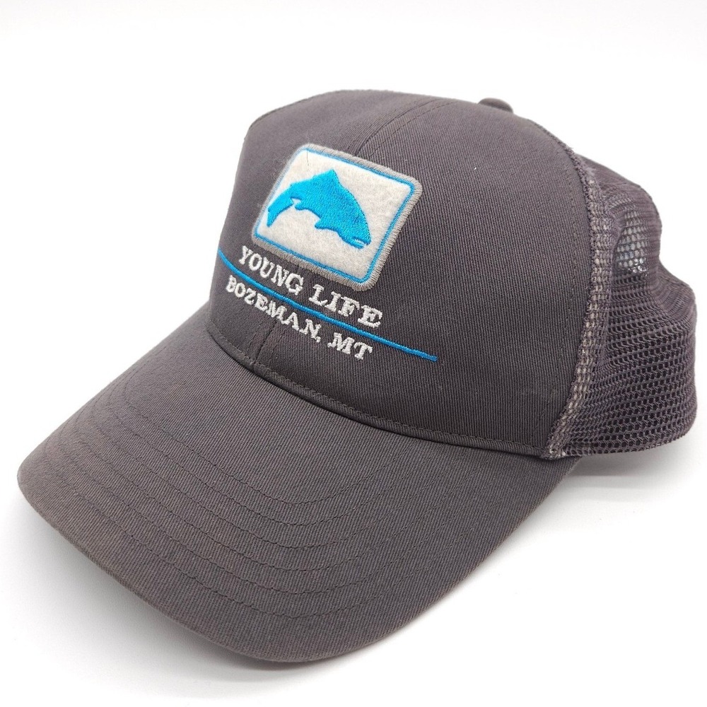 Simms Gray Trucker Snapback Hat Young Life Bozeman MT Fishing Mesh Ball Cap